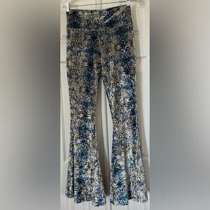Boot Cut Velvet Patterned Pants in Blue Multi